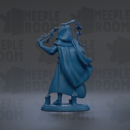 A blue figurine of a person with a cape and a hood, standing on a base and holding a staff.