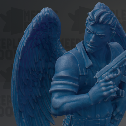 A blue statue of a man holding a gun, with a large wing on his back.