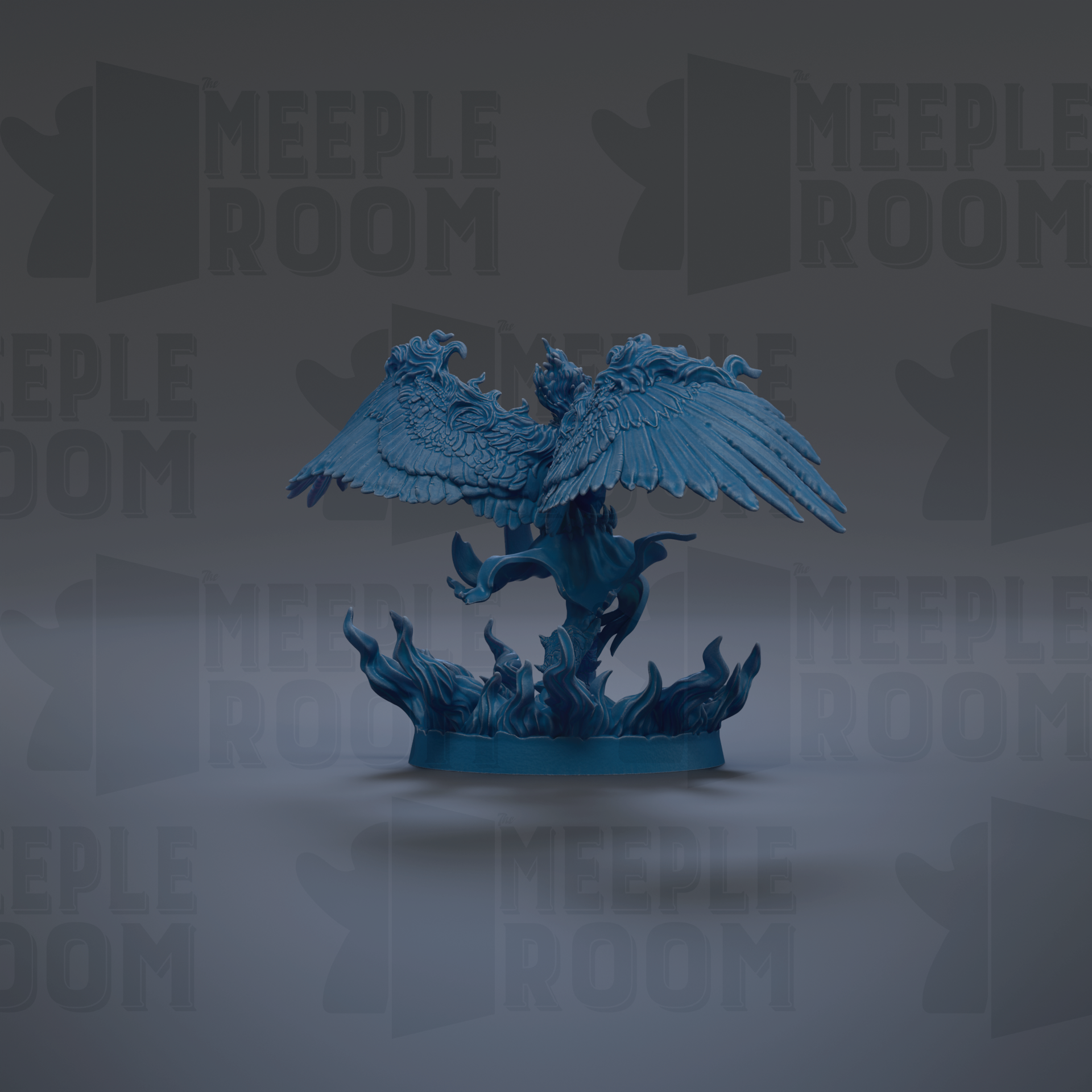 A blue winged creature with flames emanating from its feet, set against a dark background with repeated text.