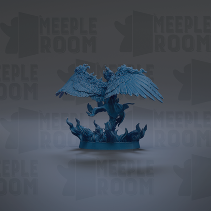 A blue winged creature with flames emanating from its feet, set against a dark background with repeated text.
