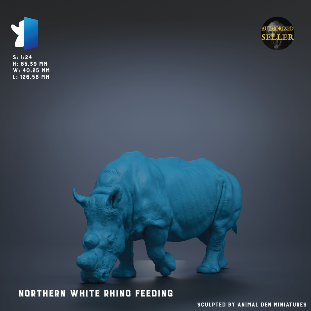 A blue rhino figurine is shown in the center of the image, with the text "Northern White Rhino Feeding" and "Authorized Seller" displayed above and below the rhino.