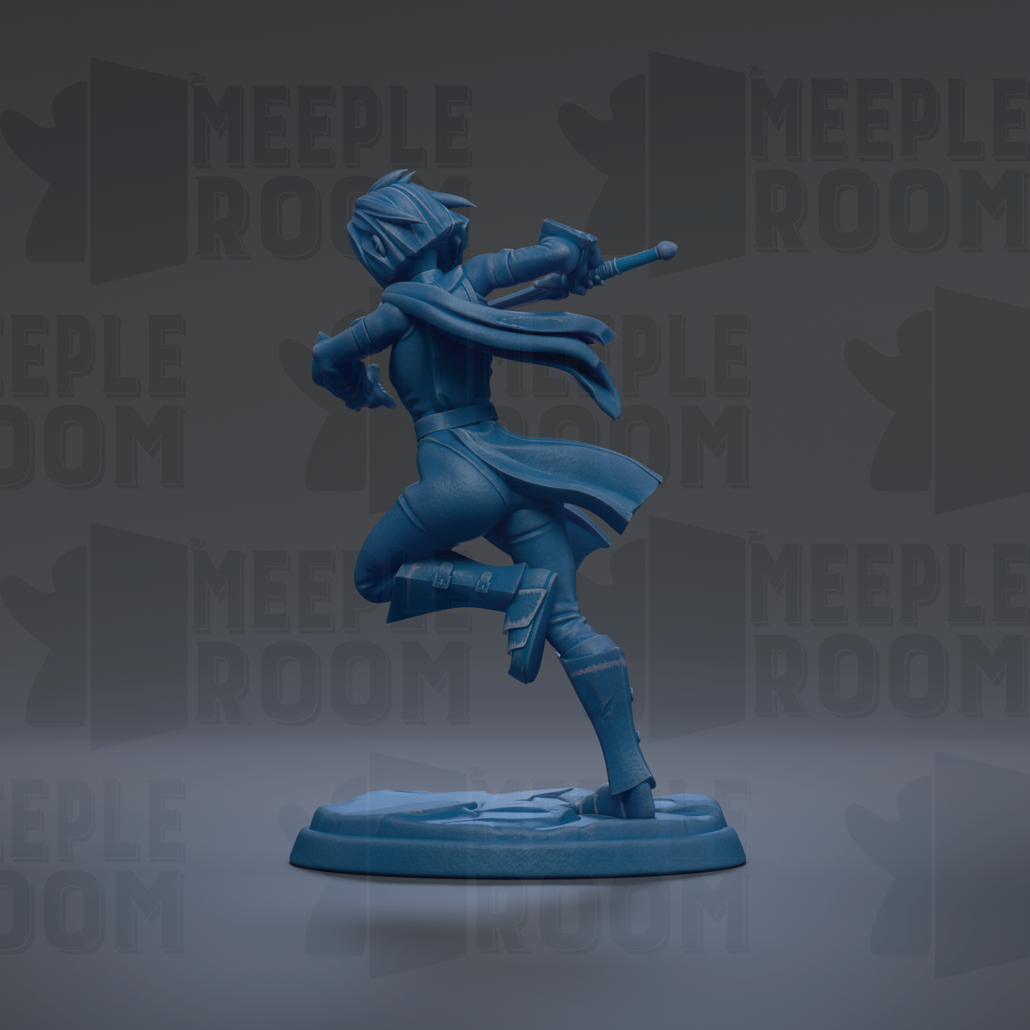 A blue figurine of a person in a dynamic pose, with a sword in hand, is the central focus of the image.