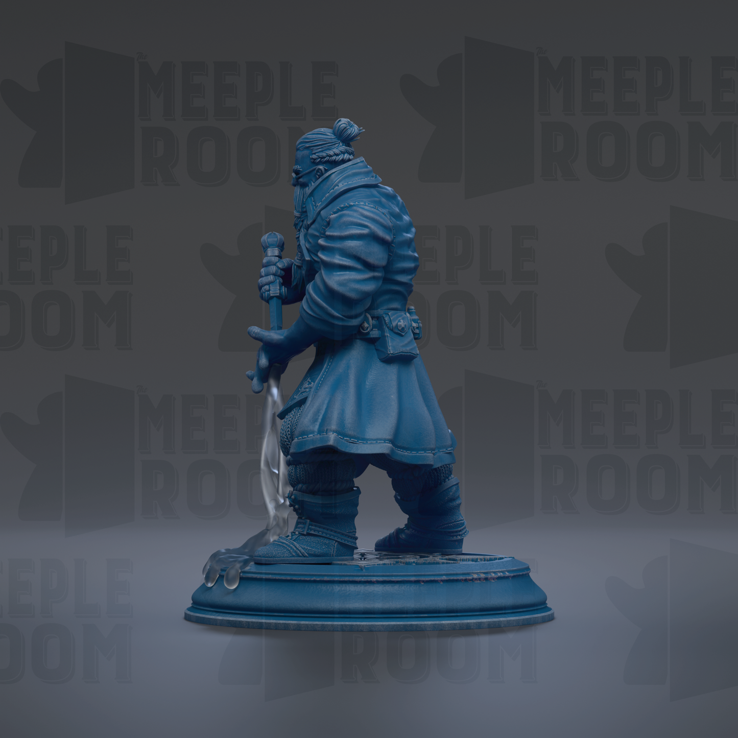 A blue statue of a person holding a sword and shield, standing on a pedestal.