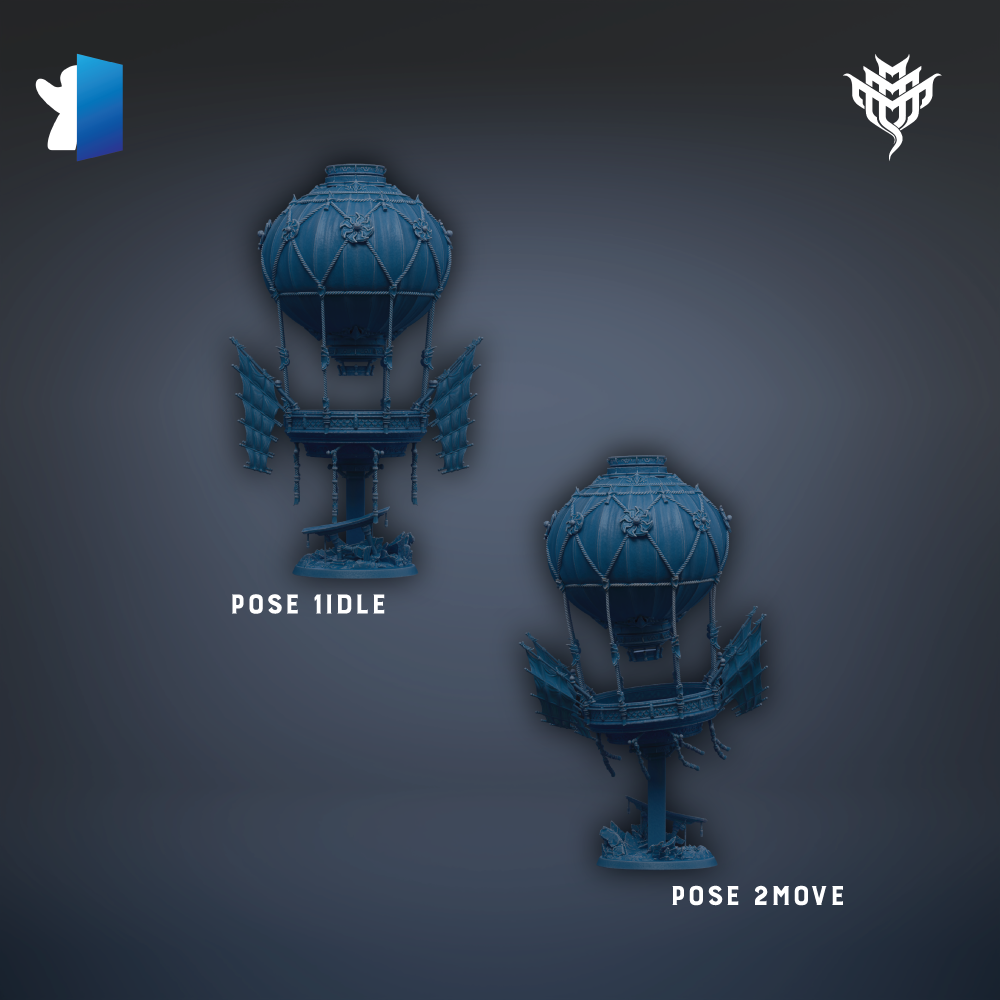 two blue hot air balloons, each with a unique pose description.