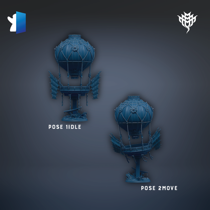 two blue hot air balloons, each with a unique pose description.