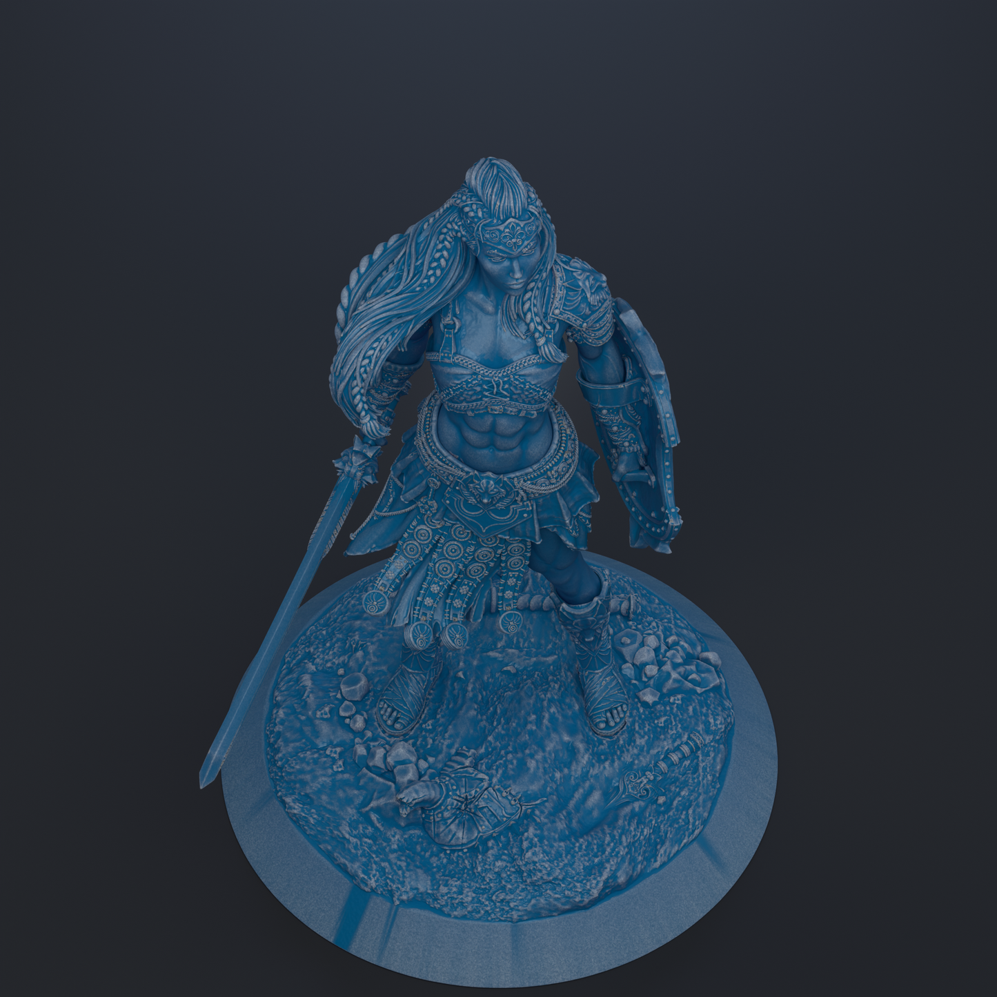 A detailed 3D rendering of a warrior figure, standing on a platform and holding a sword.