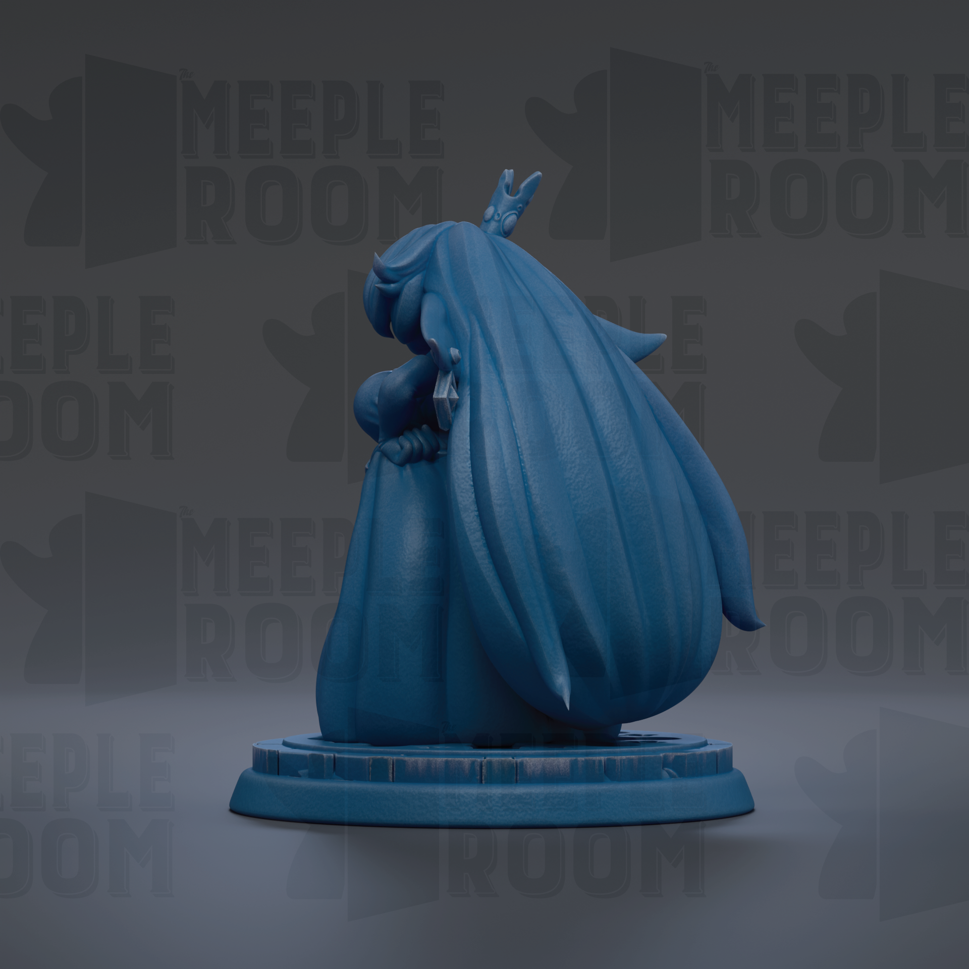 A blue figurine of a person with a long, flowing cape and a crown, standing on a pedestal against a dark background with repeated text.