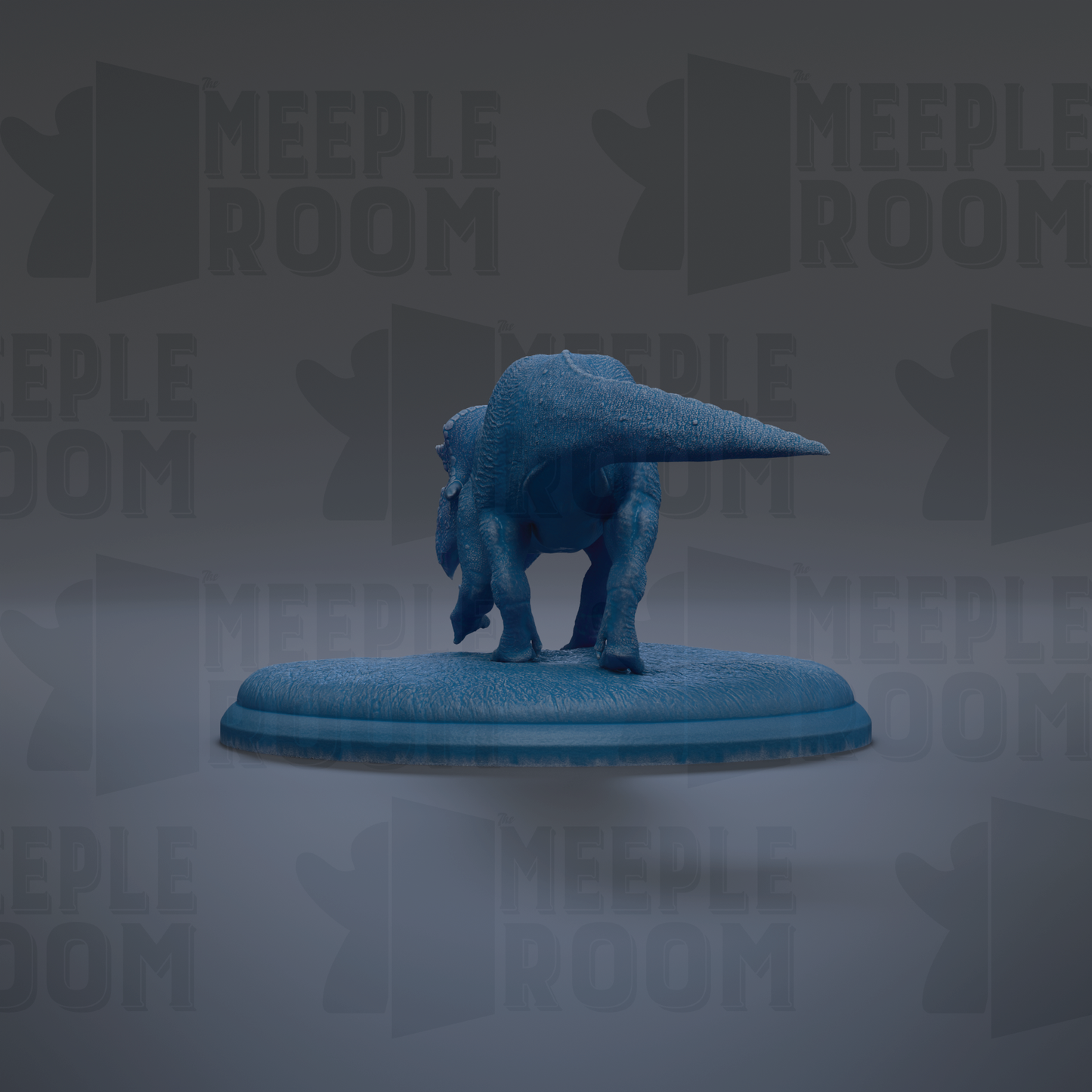 A blue dinosaur figurine is displayed on a blue platform against a gray background with repeated "MEIPLE ROOM" text.