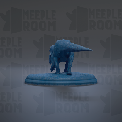 A blue dinosaur figurine is displayed on a blue platform against a gray background with repeated "MEIPLE ROOM" text.
