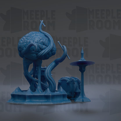 a blue sculpture of a brain with a drum set on top, set against a dark background with repeated text.