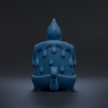 A blue, dripping candle-like object with a pointed top sits on a dark surface.