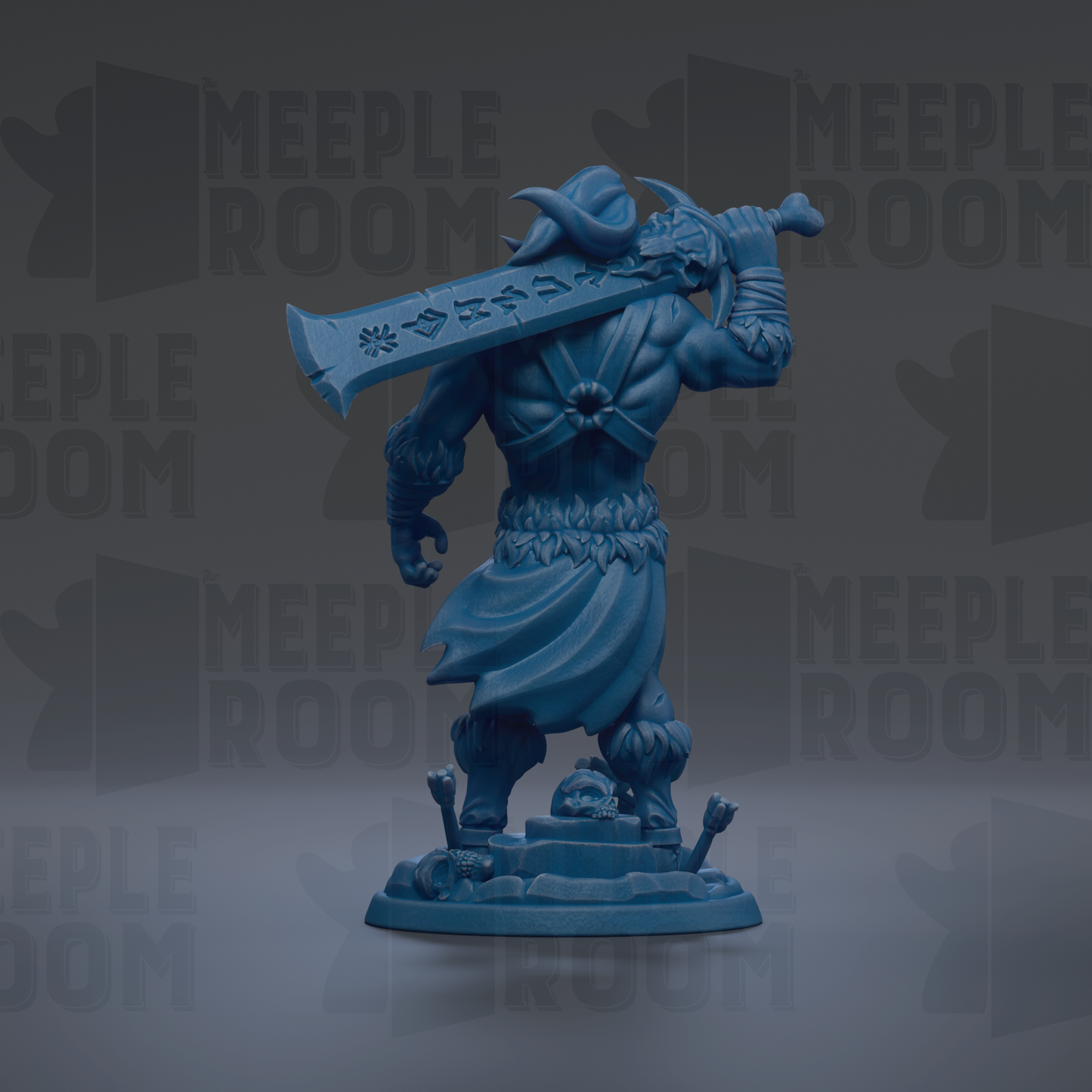 A blue figurine of a warrior-like character holding a large sword, standing on a platform with a skull and crossbones symbol.