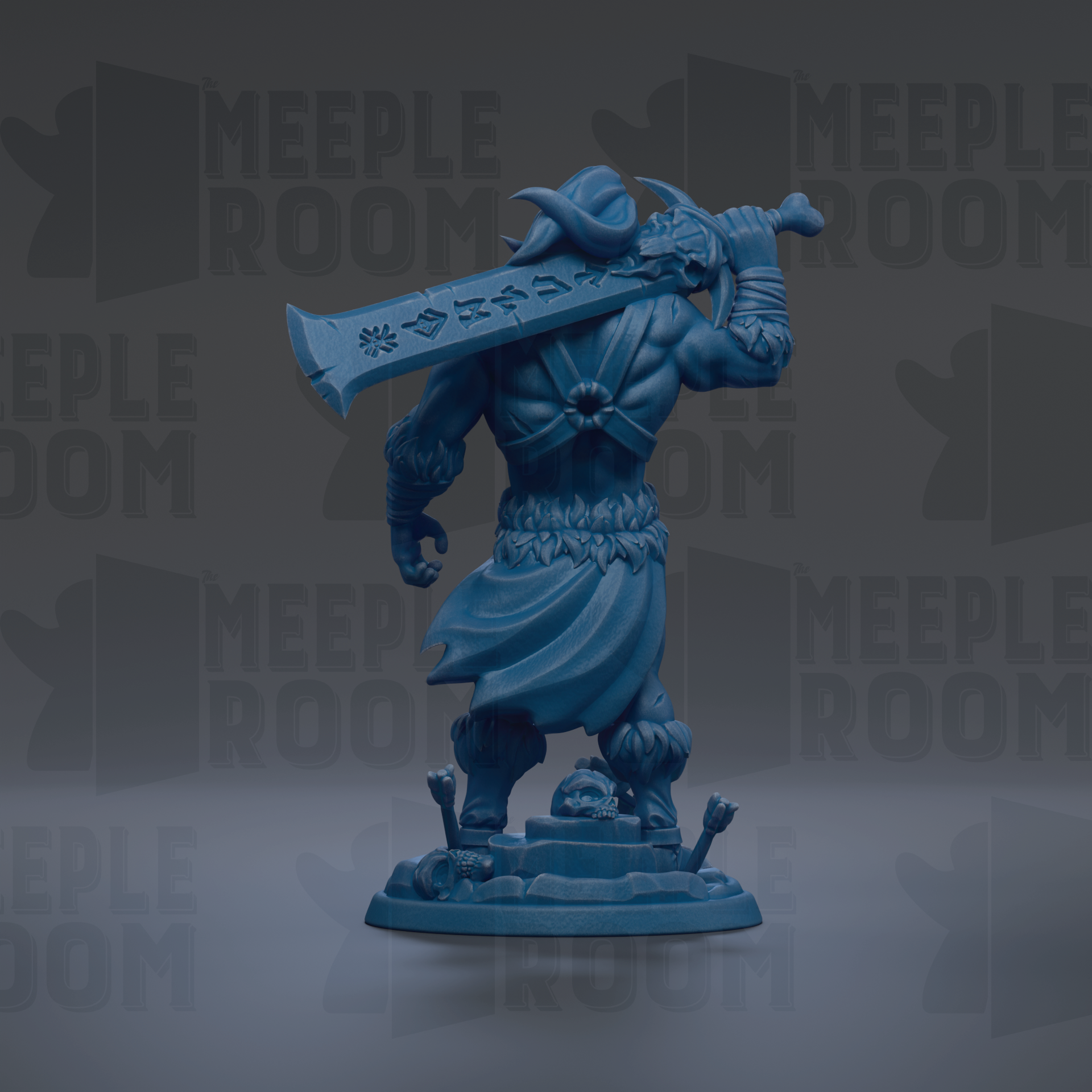 A blue figurine of a warrior-like character holding a large sword, standing on a platform with a skull and crossbones symbol.