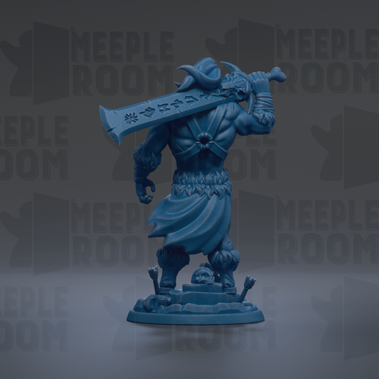 A blue figurine of a warrior-like character holding a large sword, standing on a platform with a skull and crossbones symbol.