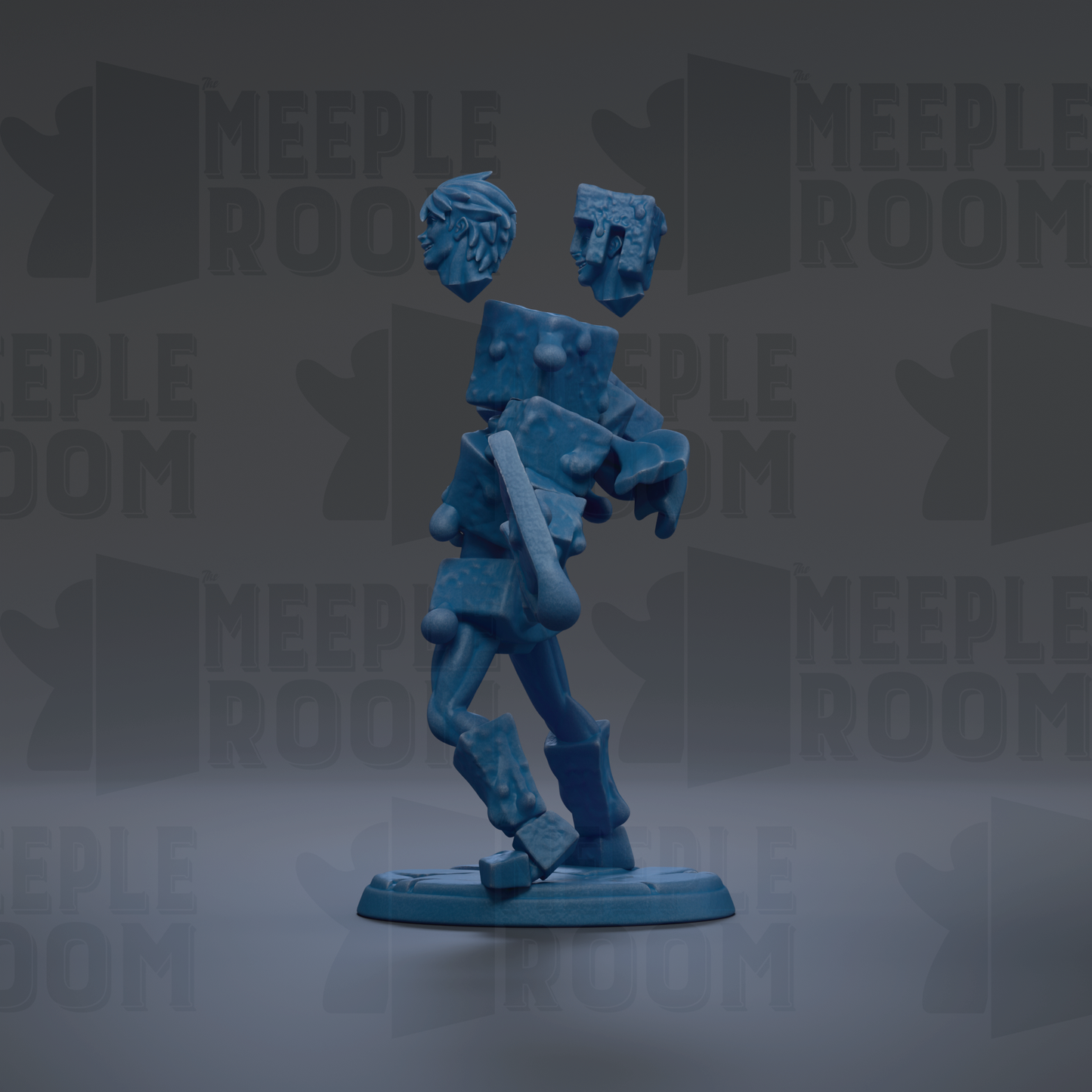 a blue, abstract, and geometric-looking figure, possibly a sculpture or figurine, standing on a base.