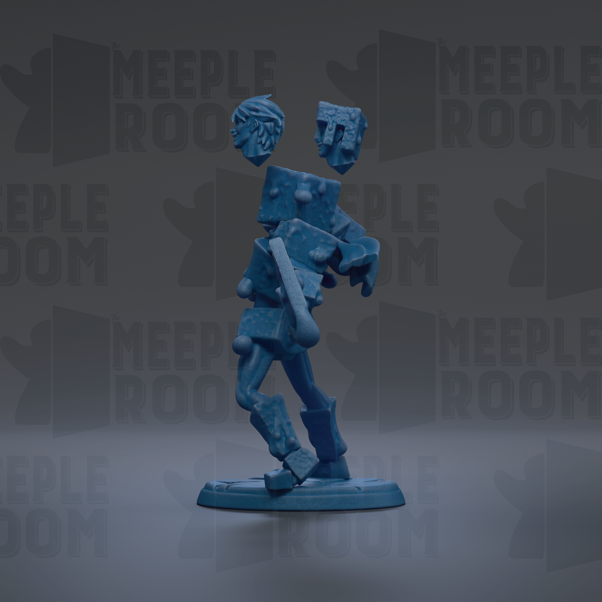 a blue, abstract, and geometric-looking figure, possibly a sculpture or figurine, standing on a base.