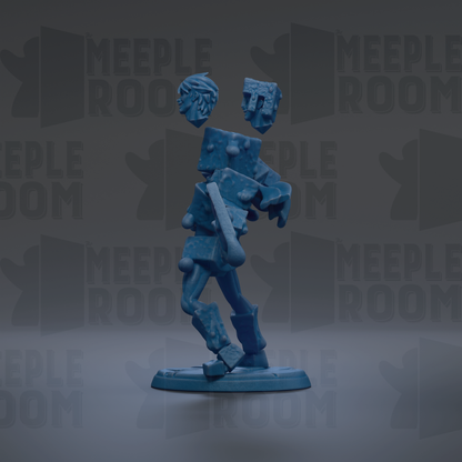 a blue, abstract, and geometric-looking figure, possibly a sculpture or figurine, standing on a base.