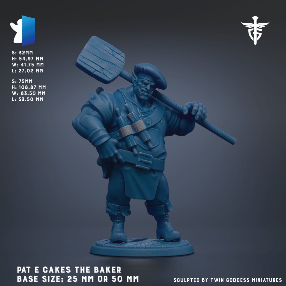 A 3D model of a character named Pat E Cakes the Baker, who is a baker from the video game series "Twin Goddess Miniatures". The character is depicted in a dynamic pose, holding a large wooden paddle. The image is a 3D rendering of the character, and it is described as a base size of 25 mm or 50 mm.