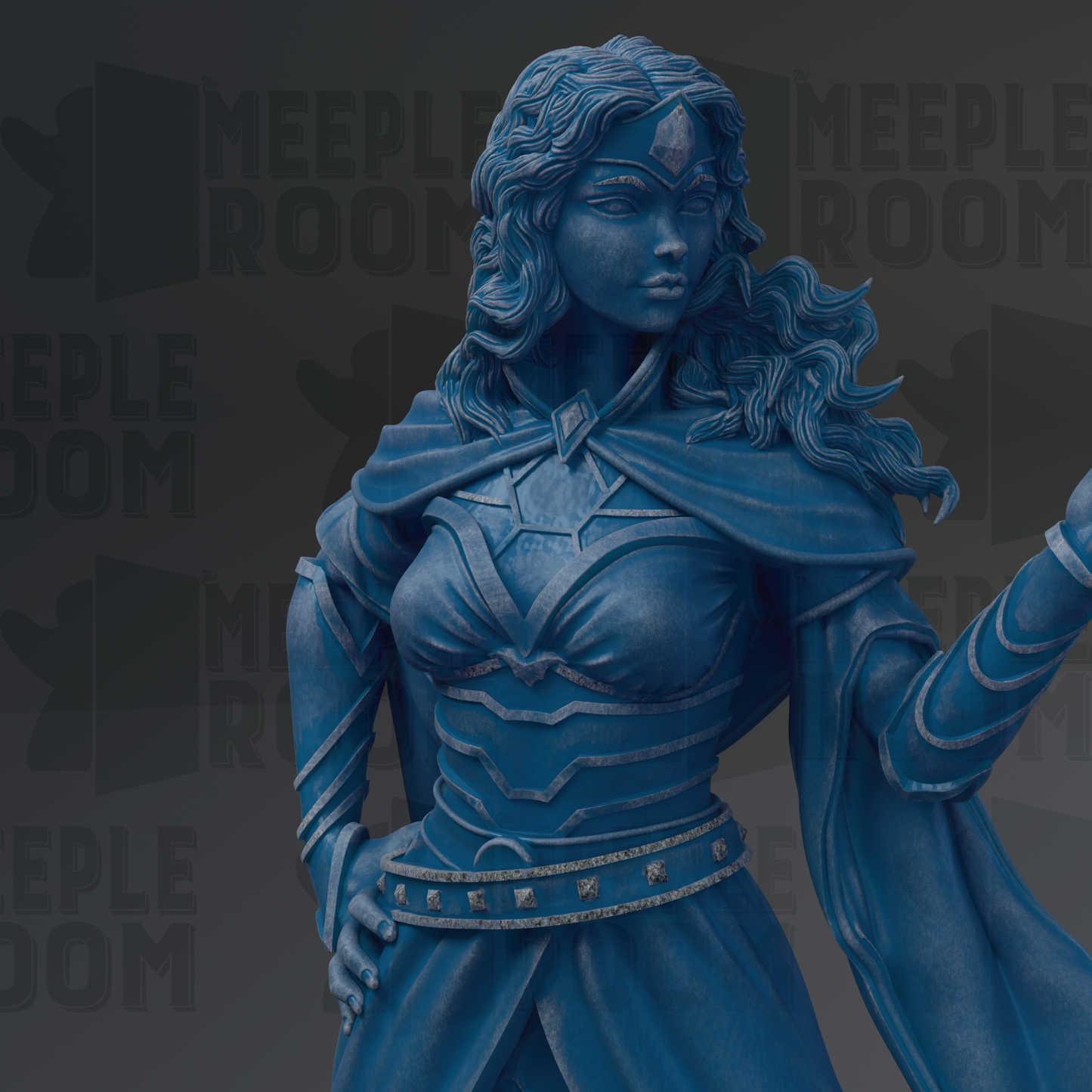A statue of a woman with long, flowing hair and a blue-colored outfit, standing in a dark background with the text "MEEPLE ROOM" repeated multiple times.