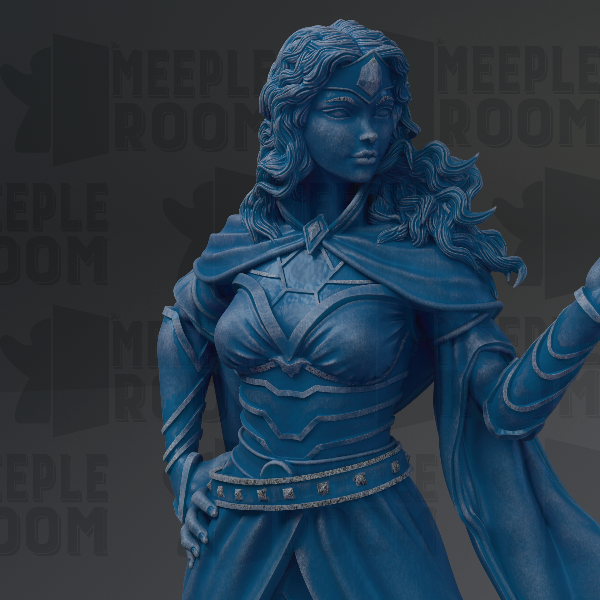 A statue of a woman with long, flowing hair and a blue-colored outfit, standing in a dark background with the text "MEEPLE ROOM" repeated multiple times.