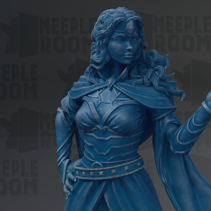 A statue of a woman with long, flowing hair and a blue-colored outfit, standing in a dark background with the text "MEEPLE ROOM" repeated multiple times.