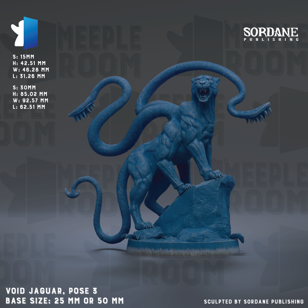 The image is a 3D rendering of a blue jaguar statue, which is a figurine of a large, fierce-looking cat with multiple tails. The statue is posed on a rock, and the base size is either 25 mm or 50 mm. The image is published by Sordane Publishing.