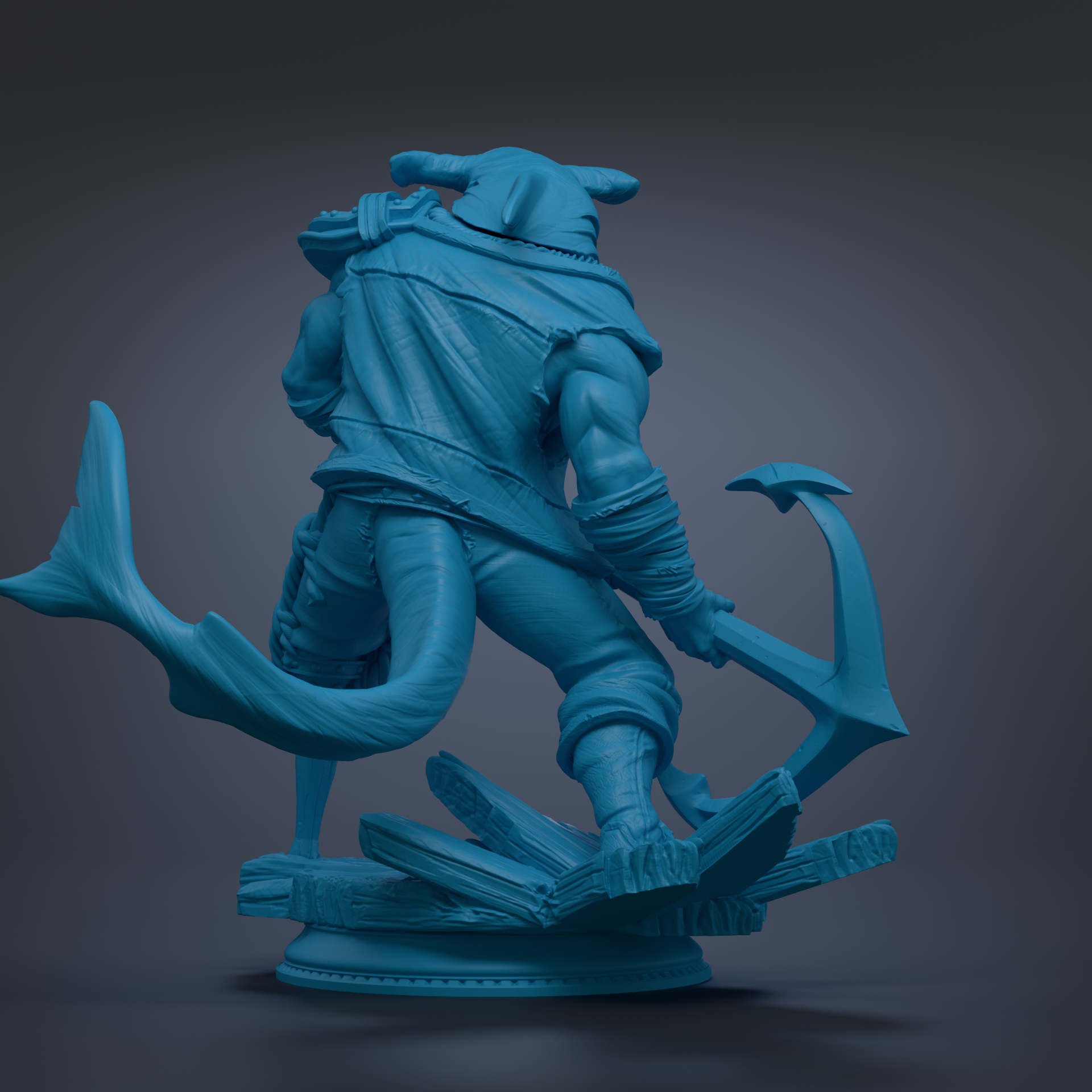 A blue statue of a muscular, armored figure with a sword and shield, standing on a platform and facing away from the camera.