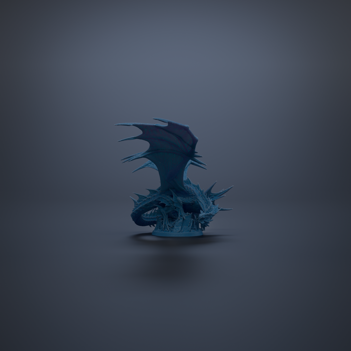 A 3D rendering of a blue dragon-like creature with sharp teeth and a fierce expression, standing alone against a dark background.