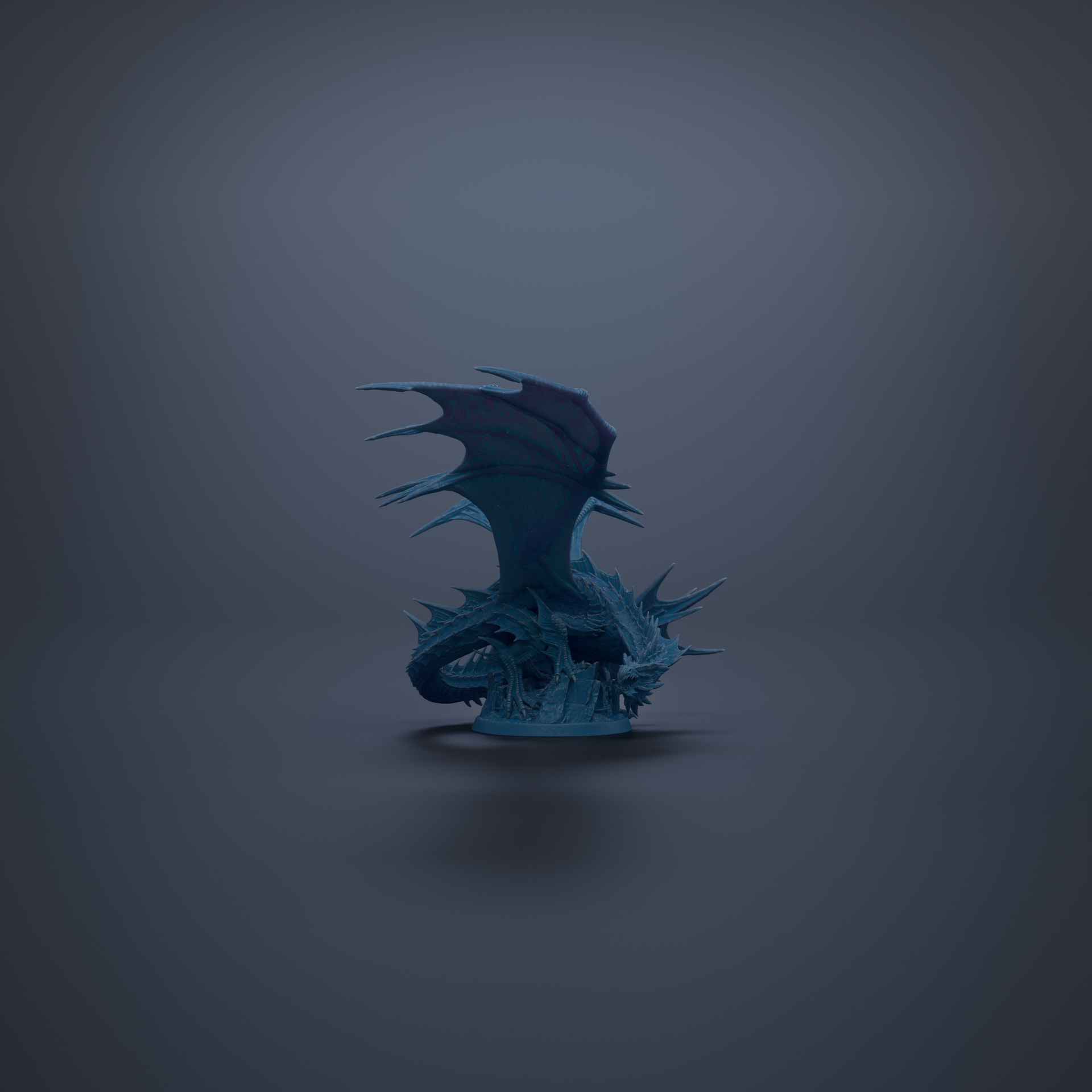 A 3D rendering of a blue dragon-like creature with sharp teeth and a fierce expression, standing alone against a dark background.