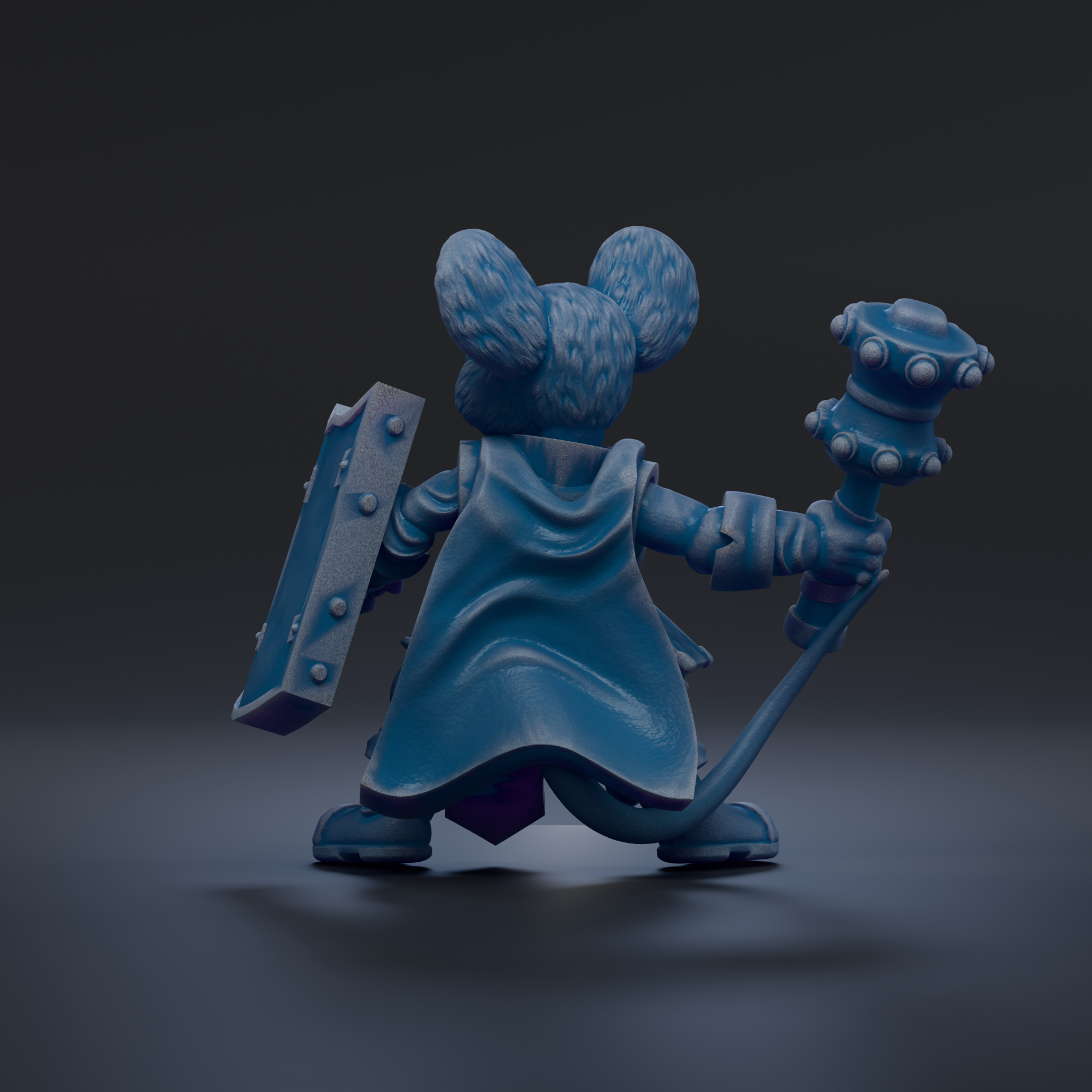 A 3D rendering of a blue mouse character holding a shield and a mace, standing in a defensive stance.