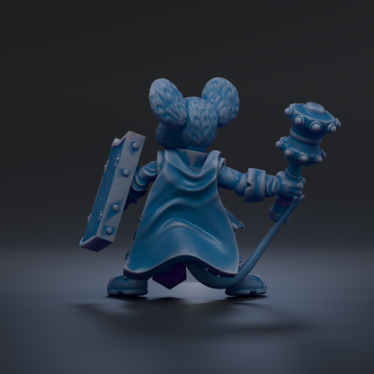 A 3D rendering of a blue mouse character holding a shield and a mace, standing in a defensive stance.
