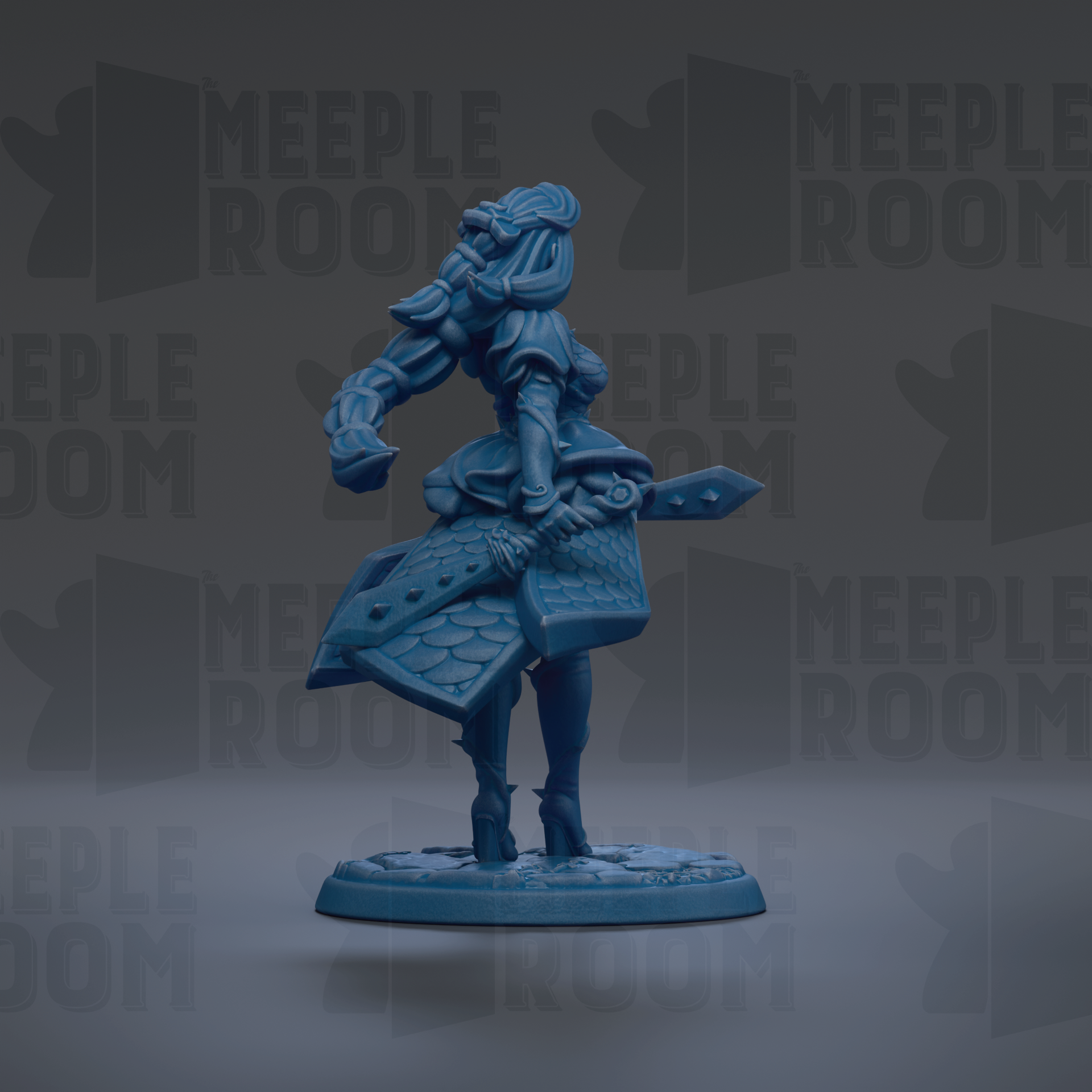 A blue figurine of a female character with a sword and shield, standing on a base against a dark background with repeated text.