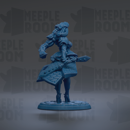 A blue figurine of a female character with a sword and shield, standing on a base against a dark background with repeated text.