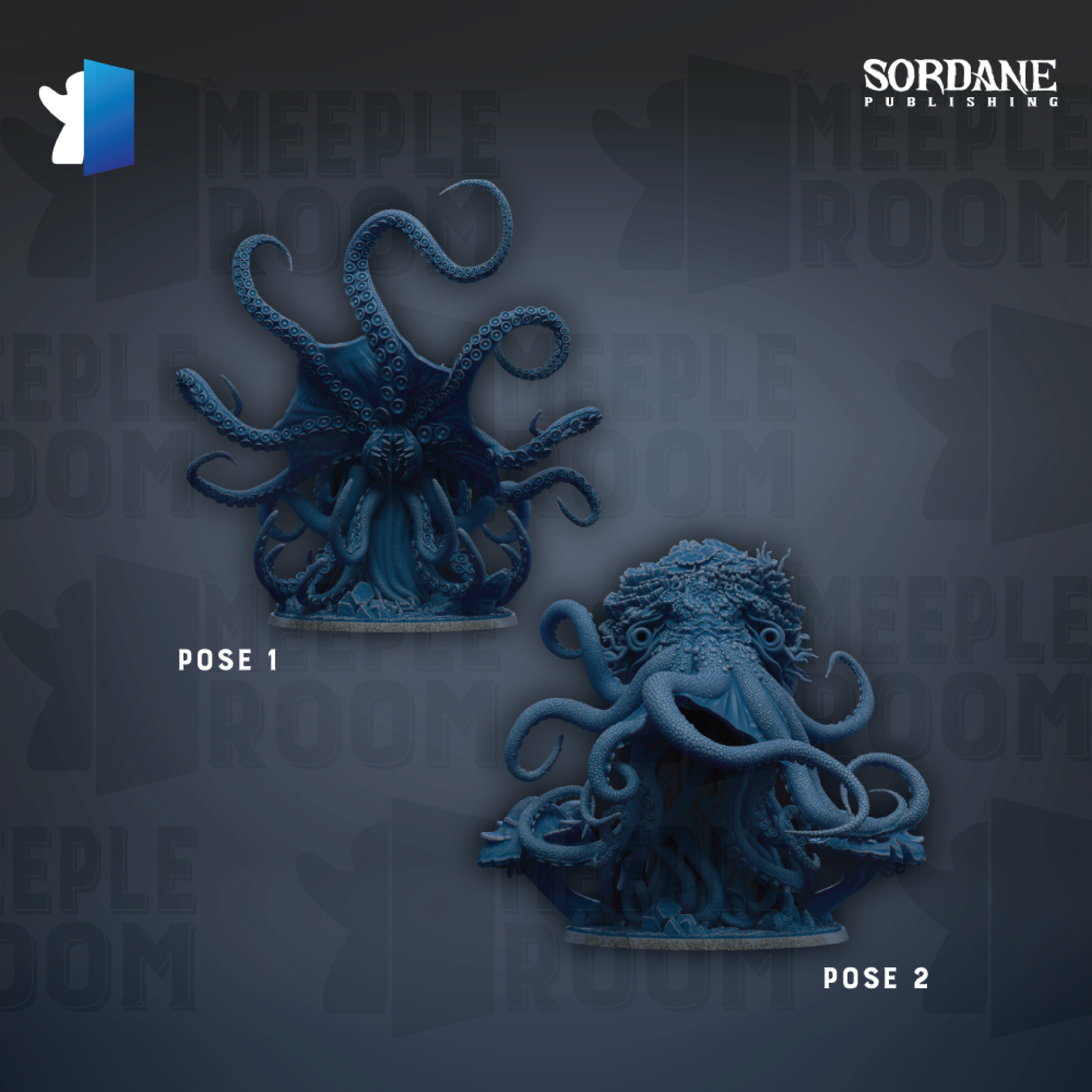 two large, blue, tentacles-like sculptures or figurines, with the text "Pose 1" and "Pose 2" indicating the poses of the sculptures.