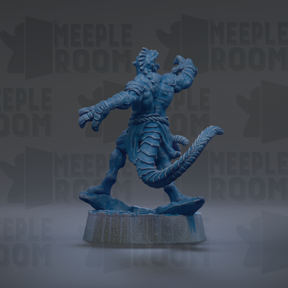 A blue, 3D-rendered statue of a muscular, armored figure with a long tail, standing on a pedestal against a dark background with repeated text.