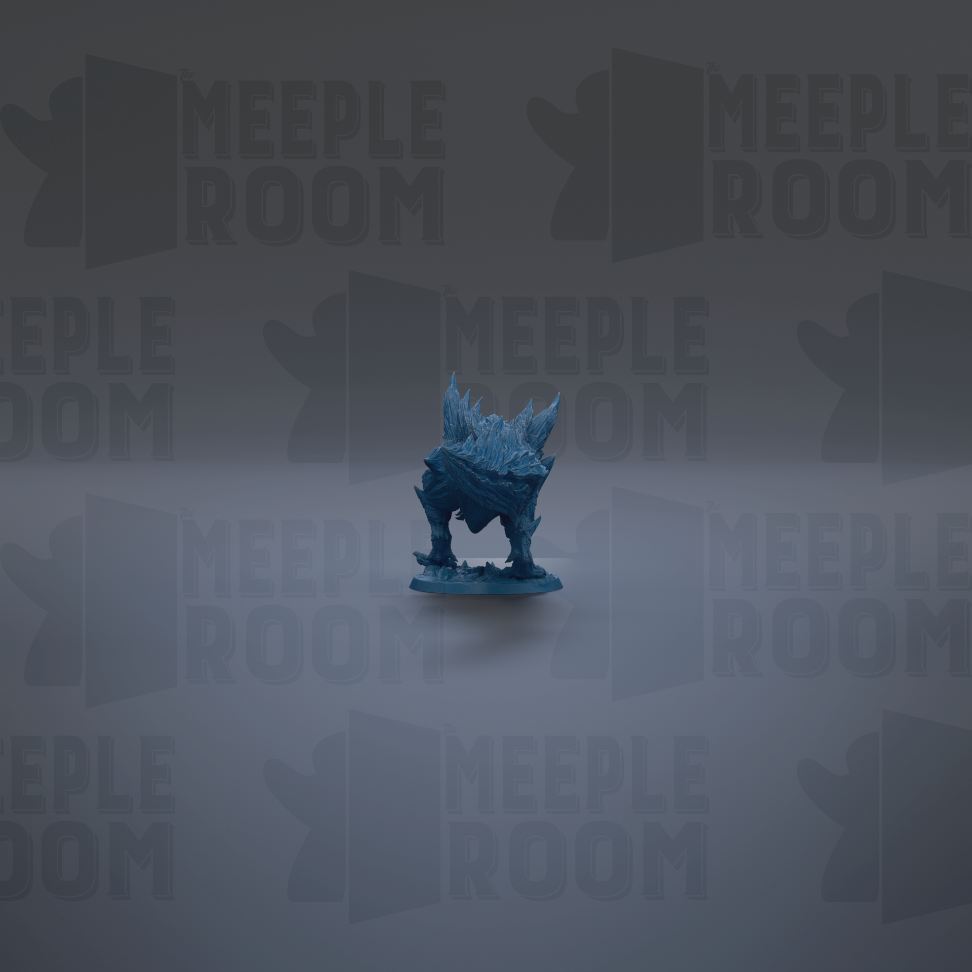 a blue figurine against a dark background with repeated text.