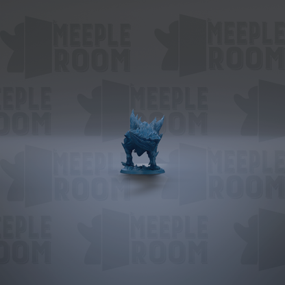 a blue figurine against a dark background with repeated text.