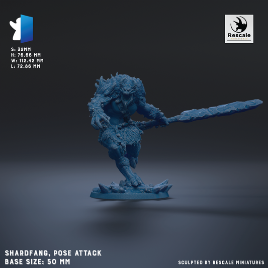 The image is a 3D rendering of a blue, armored figure holding a sword, likely representing a pose attack character. The figure is shown in a dynamic stance, with the sword held in the air. The image is described as a "base size: 50 mm" and is "sculpted by rescale miniatures".