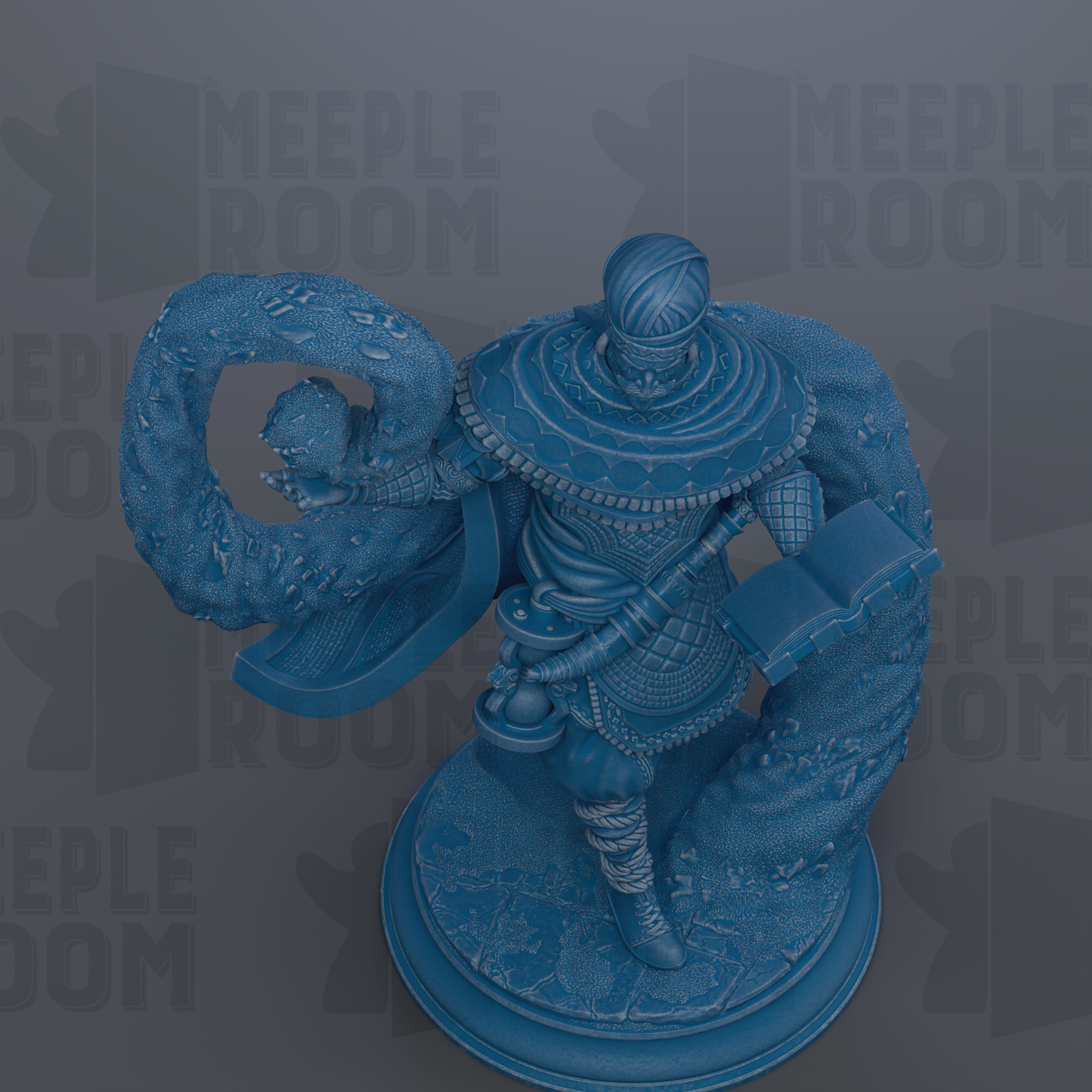 A blue statue of a figure holding a book and a shield, standing on a pedestal.