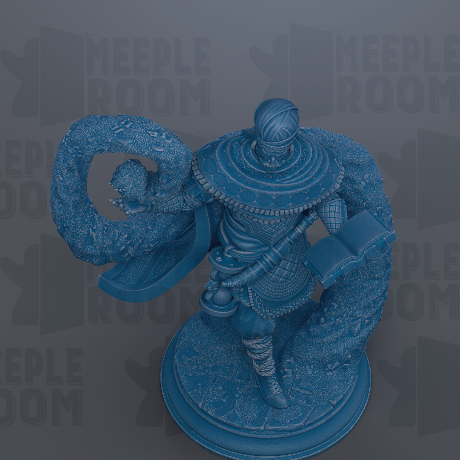 A blue statue of a figure holding a book and a shield, standing on a pedestal.