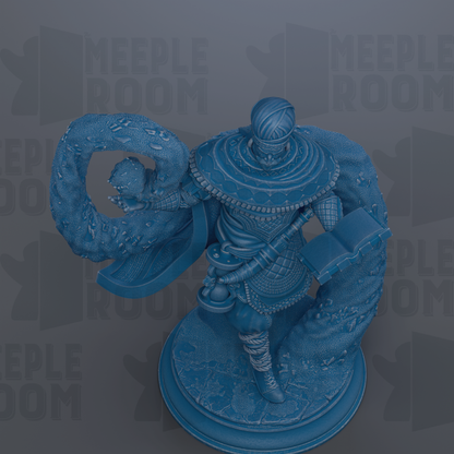 A blue statue of a figure holding a book and a shield, standing on a pedestal.