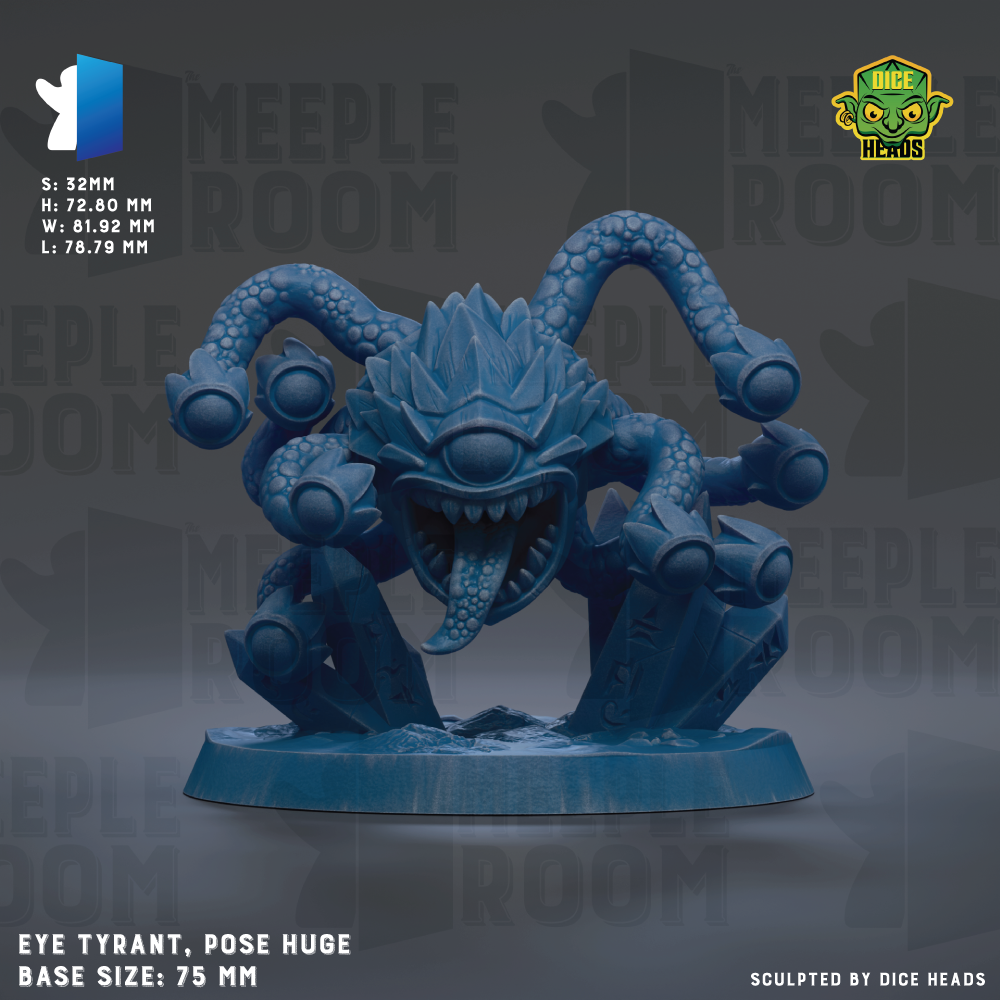 a large blue figurine of a creature with multiple arms and an eye, resembling a monster or a monster-like character. The figurine is posed in a pose that emphasizes its imposing and menacing appearance. The base size of the figurine is 75 millimeters.