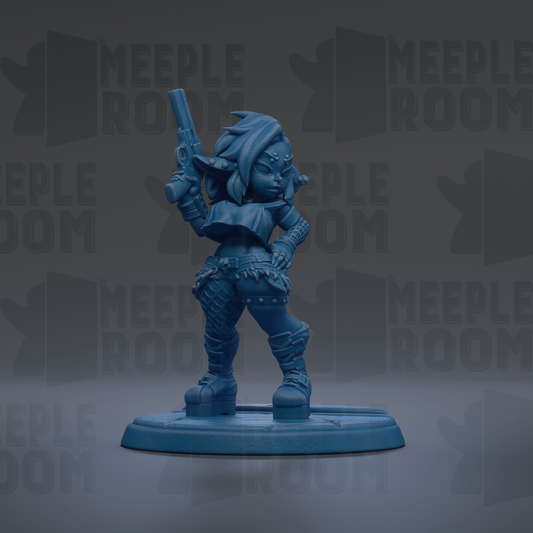 A blue figurine of a female character holding a gun, standing on a base.