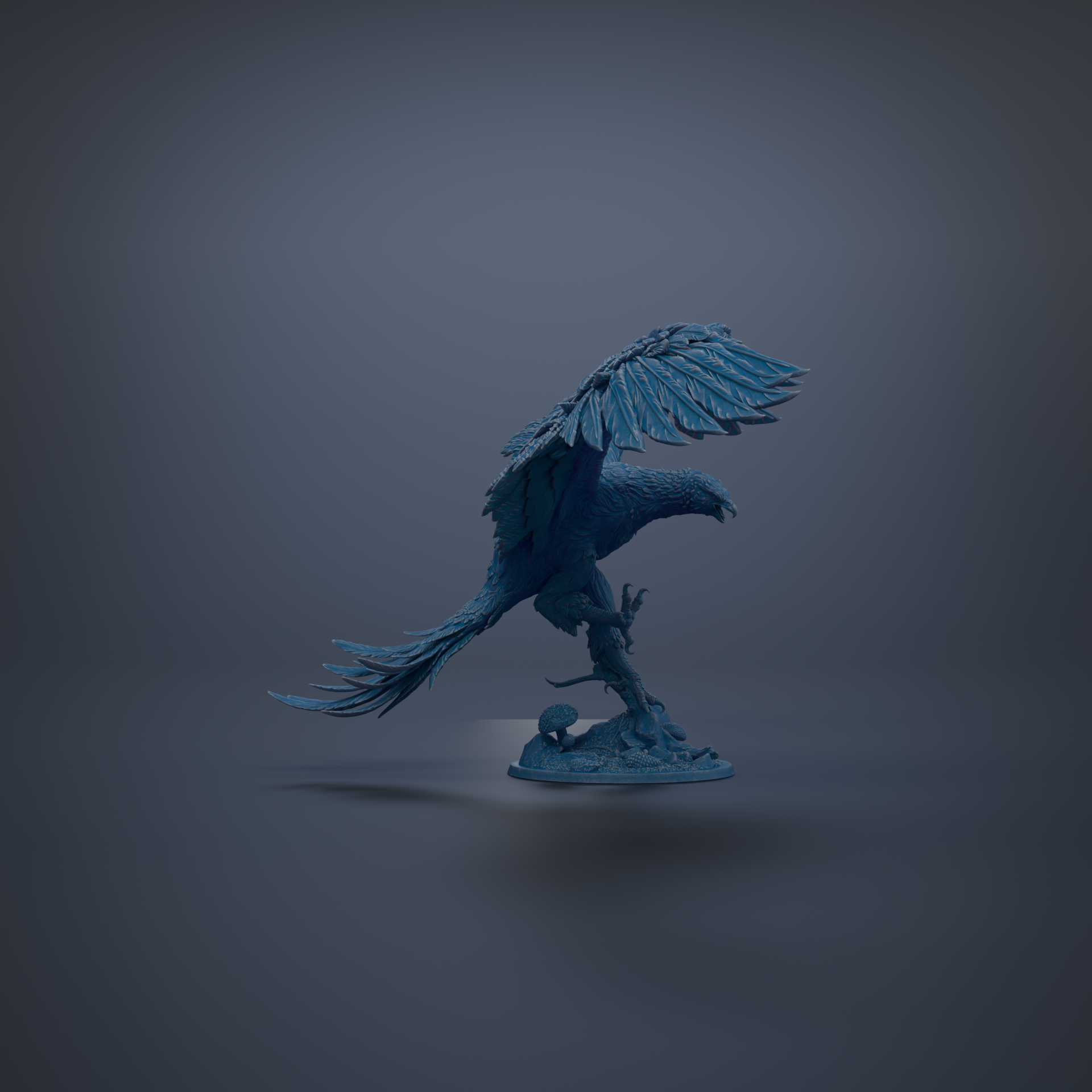 A blue eagle statue with outstretched wings is depicted against a dark background.