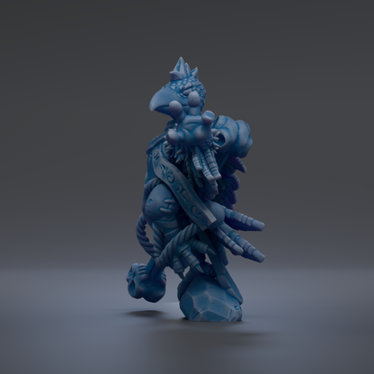 A blue, fantastical creature with a large head and multiple arms stands on a rock formation against a dark background.