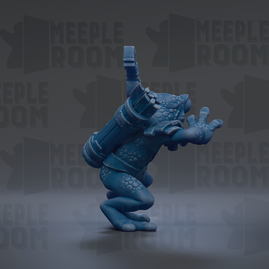 A blue, cartoonish creature with a large gun-like weapon on its back, standing on one leg and appearing to be in a fighting stance.