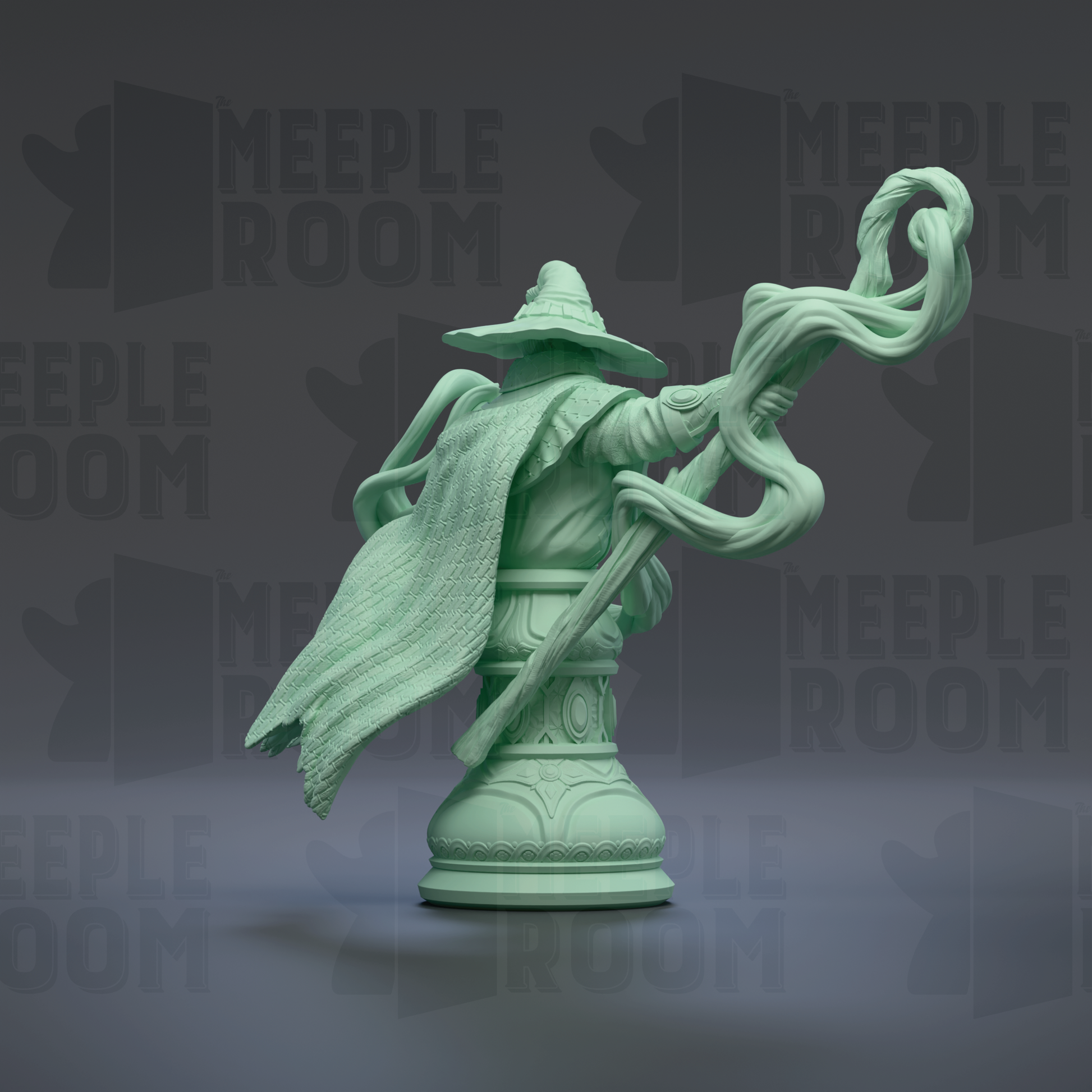 A green statue of a wizard or magical figure holding a staff and a staff-like object, standing on a pedestal.