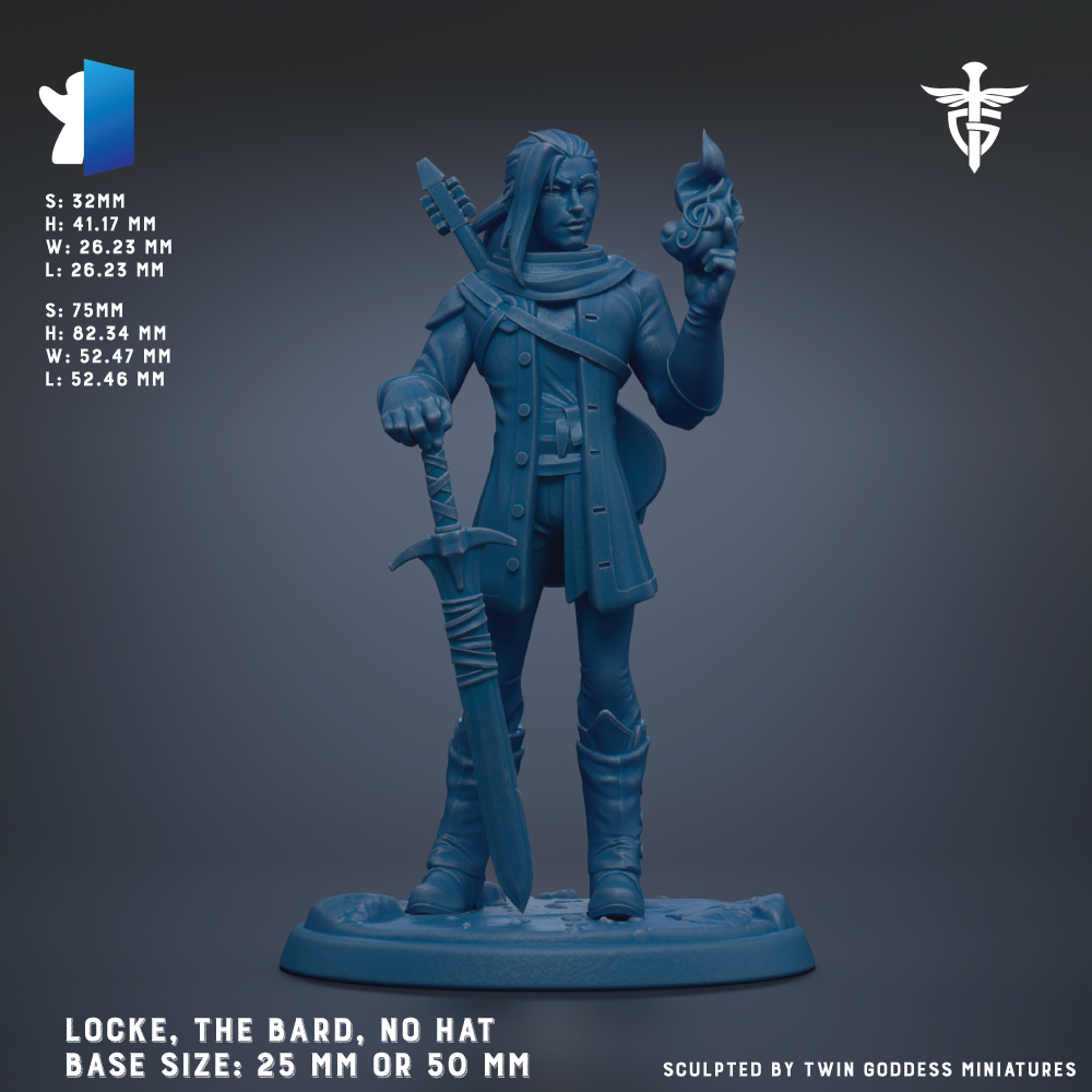 A 3D model of a character named Locke, the Bard, who is depicted as a male figure with a sword and a hat. The character is shown in a dynamic pose, holding a shield and a staff. The base size of the figure is 25 mm or 50 mm, and it is described as a sculpted by Twin Goddesses miniatures.