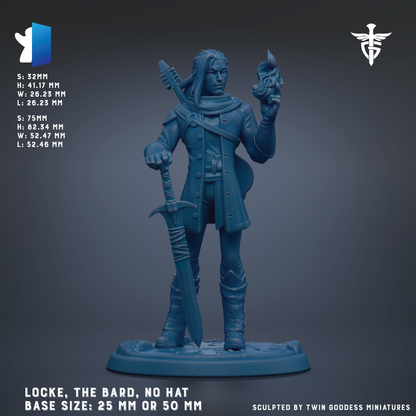 A 3D model of a character named Locke, the Bard, who is depicted as a male figure with a sword and a hat. The character is shown in a dynamic pose, holding a shield and a staff. The base size of the figure is 25 mm or 50 mm, and it is described as a sculpted by Twin Goddesses miniatures.