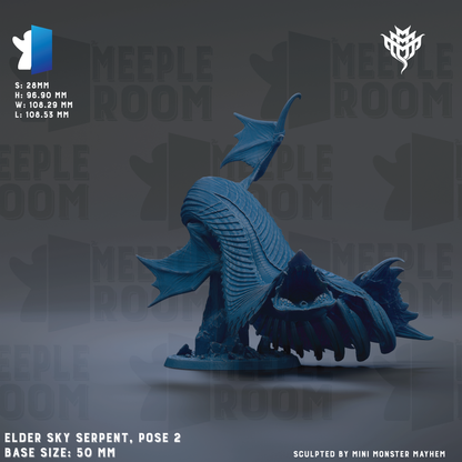 a blue serpent statue with a textured body and wings, positioned on a base. The text in the image indicates that the serpent is a "Elder Sky Serpent" and is "pose 2" in size, with a base size of 50 mm. The image is a collage of multiple images, and the phrase "Sculpted by Mini Monster Mayhem" is mentioned at the bottom.